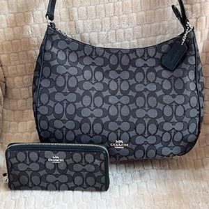 Coach Black & Gray Signature Fabric Shoulder Bag with Matching Wallet